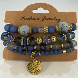 “Royal Harmony” Bracelet Set  Blue and gold beaded stretch bracelets with heart